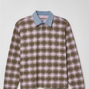 Urban Outfitters Olive & Pink Plaid Long-Sleeve Polo with Light Blue Collar